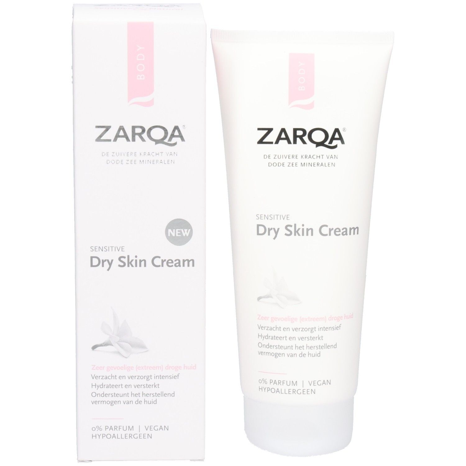 Zarqa Sensitive Dry Skin Cream en verpakking. Wit met roze accent. Tekst: Sensitive Dry Skin Cream, NEW, 0% Parfum, Vegan.