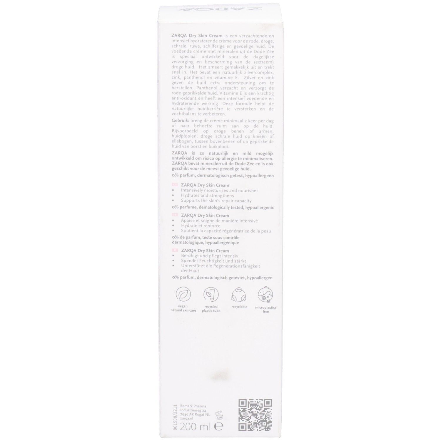 Achterkant van de witte verpakking. Meertalige tekst. Volume: 200 ml. Logo's: Vegan, recyclebaar, dierproefvrij.