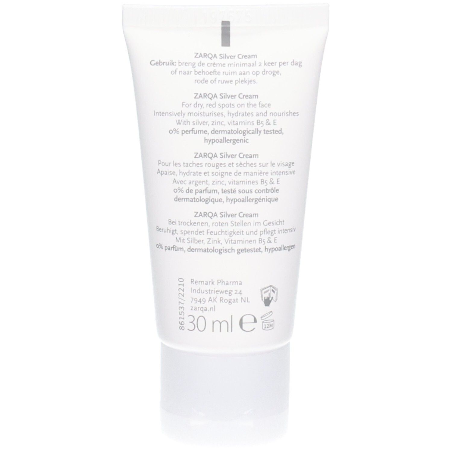 Arrière du tube Zarqa Silver Cream avec informations produit et mention 30 ml.