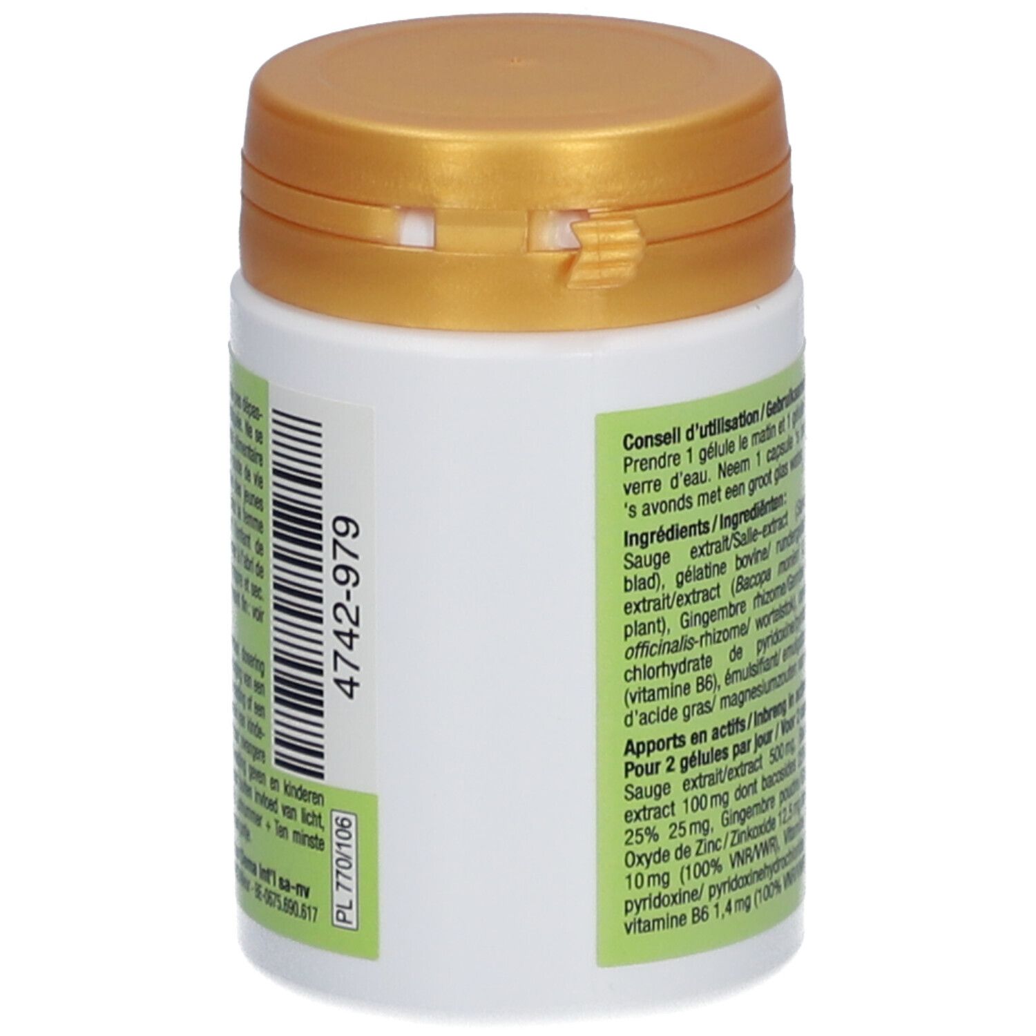 Achterkant van de witte pot met gouden deksel. Barcode en lotnummer. Meertalige tekst.