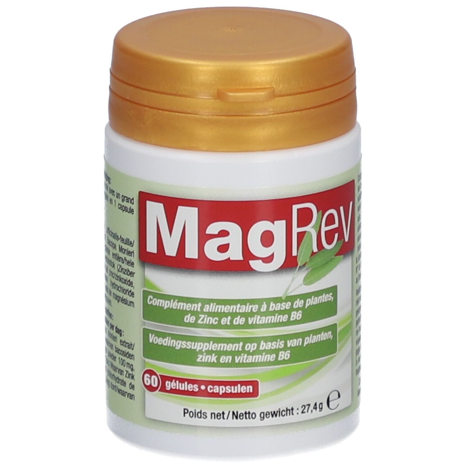 Witte plastic pot met gouden deksel. Opschrift "MagRev". Bevat 60 capsules. Franse en Nederlandse etikettering.