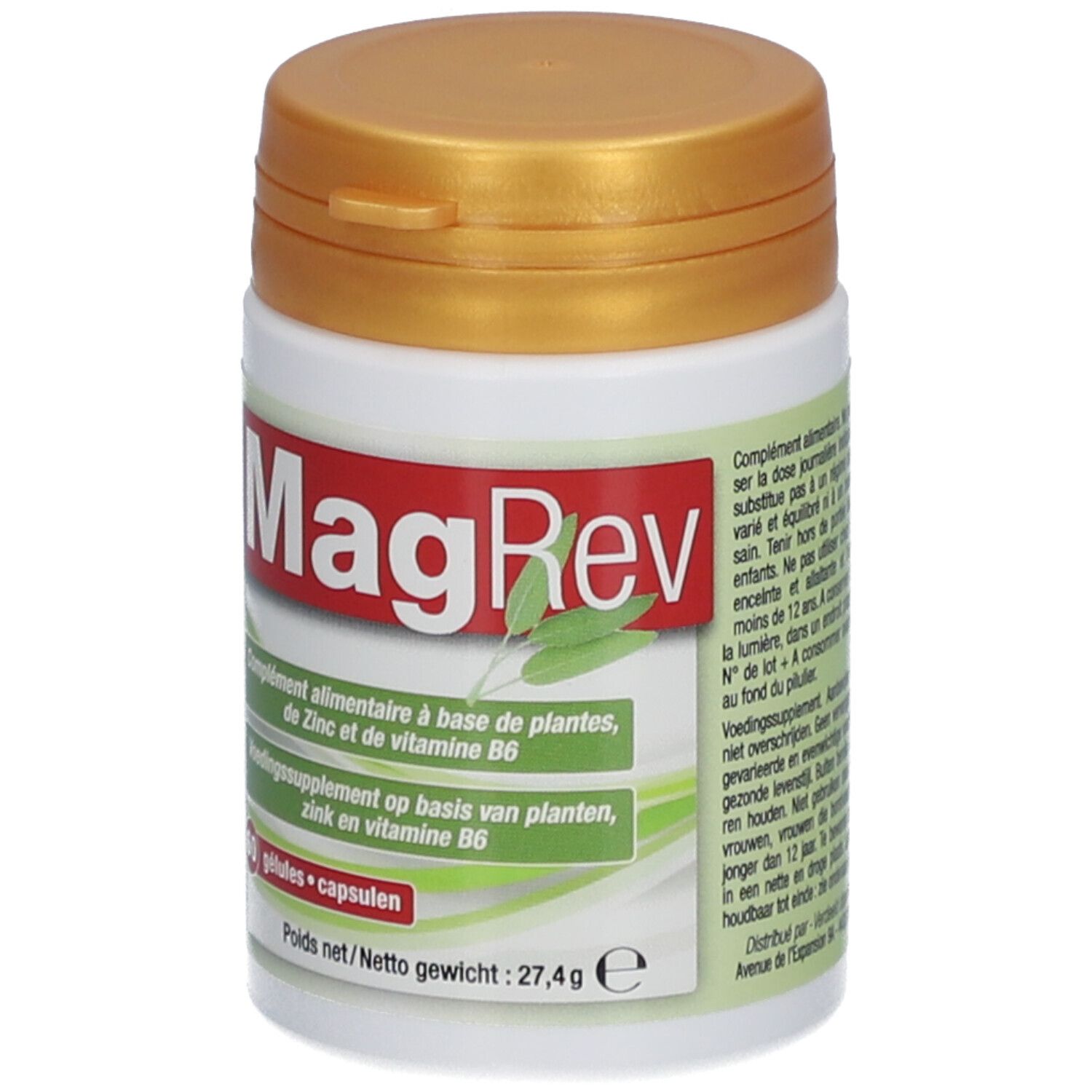 Witte plastic pot met gouden deksel. Opschrift "MagRev". Bevat 60 capsules. Franse en Nederlandse etikettering.