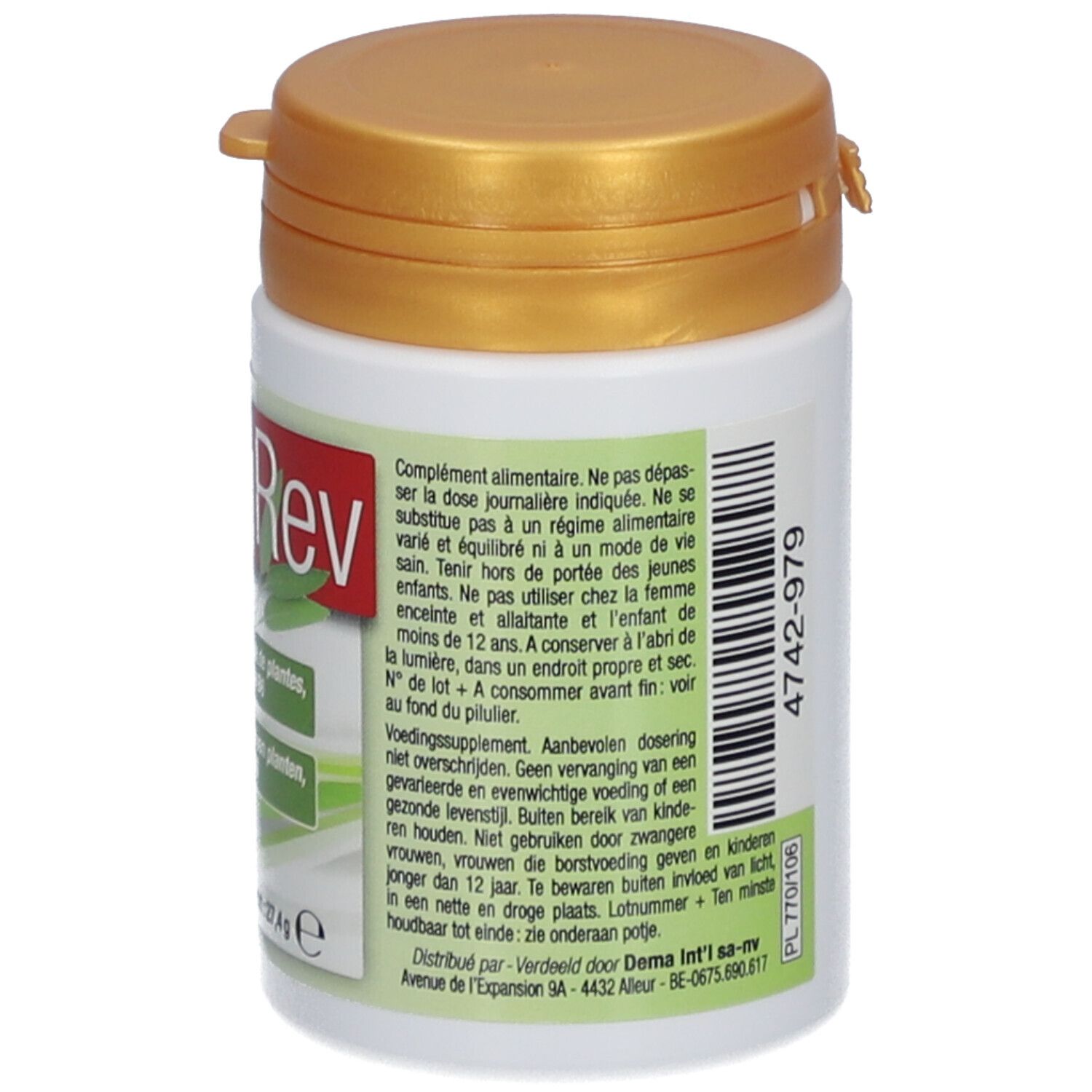 Achterkant van de witte pot met gouden deksel. Bevat informatie over ingrediënten en gebruik. Meertalige tekst.