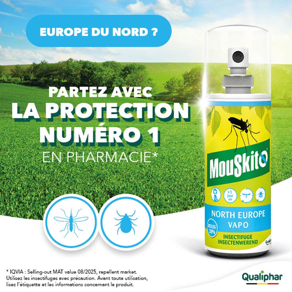 Spray anti-insectes Mouskito avec pompe et capuchon de protection.