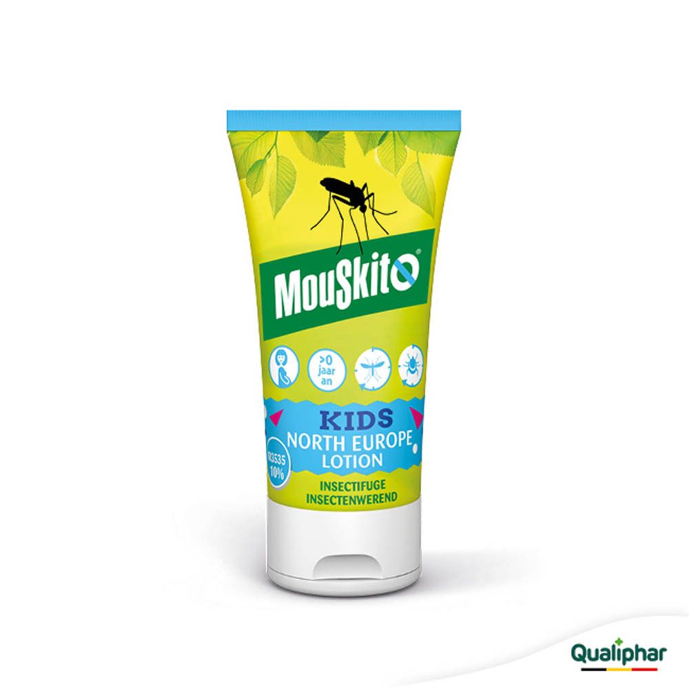 Mouskito Kids North Europe Lotion tube met mug-icoon en bladeren.