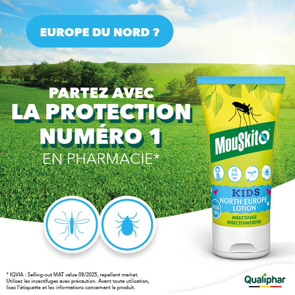Tube de lotion Mouskito Kids North Europe avec symbole de moustique et feuilles.
