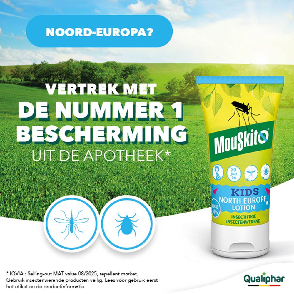 Mouskito Kids North Europe Lotion tube met mug-icoon en bladeren.