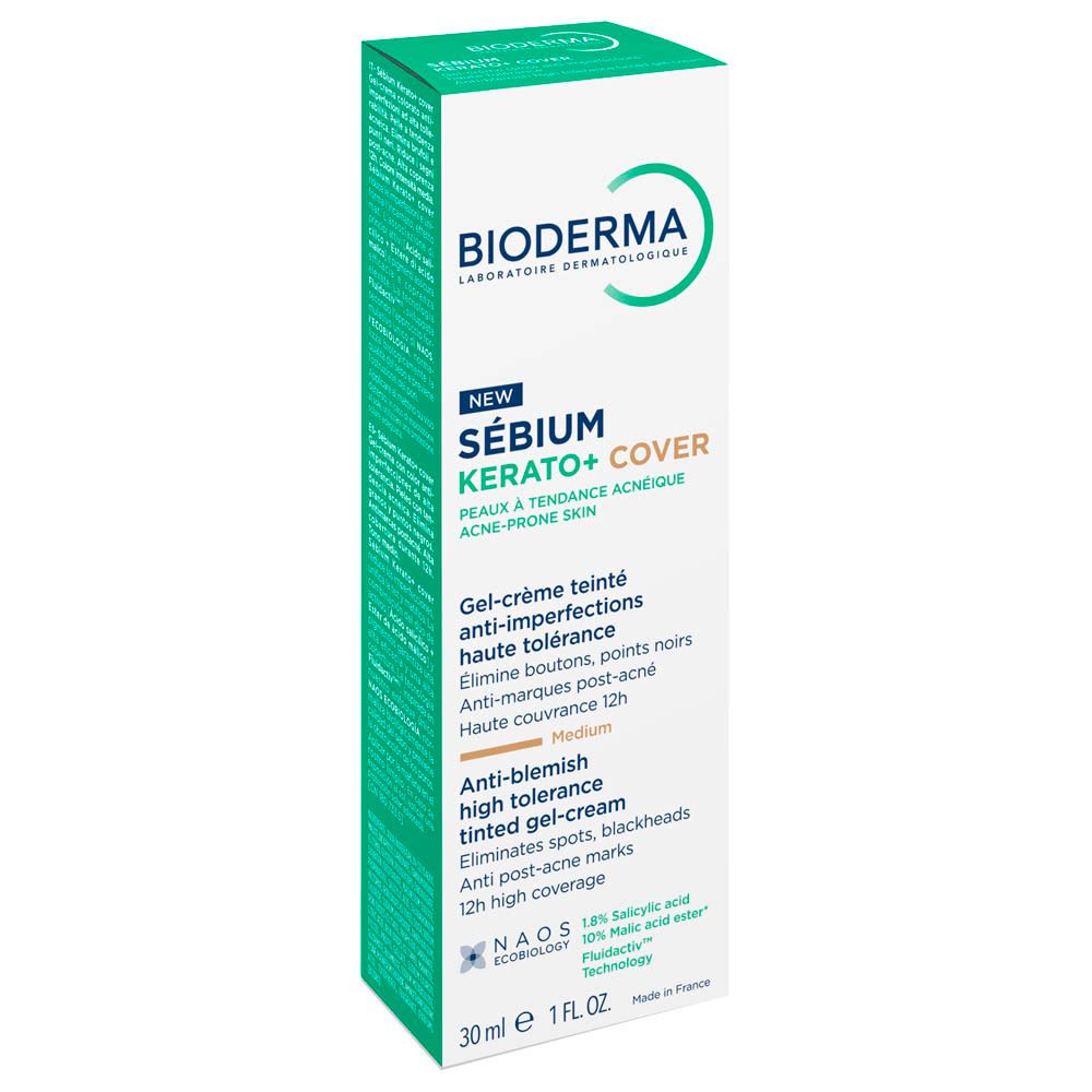 Productverpakking. Opschrift: Bioderma, Sébium Kerato+ Cover, Medium. 30 ml.