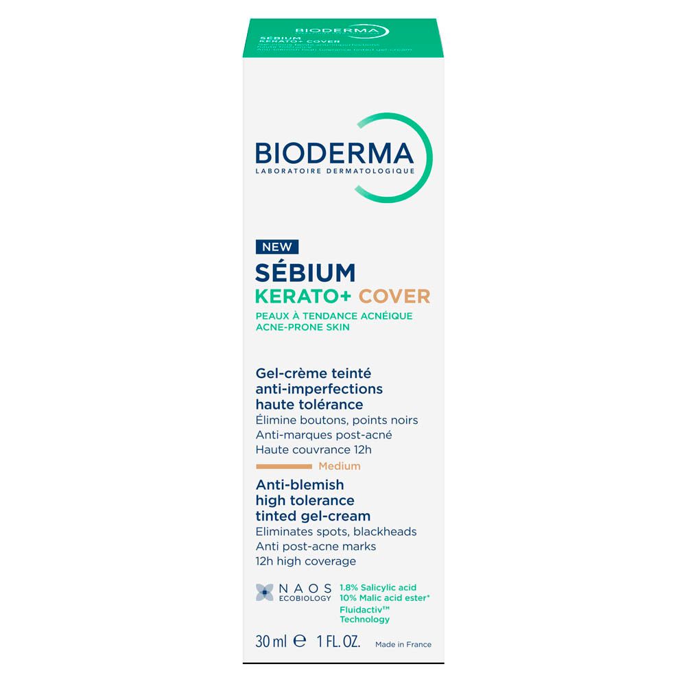 Productverpakking. Opschrift: Bioderma, Sébium Kerato+ Cover, Medium. 30 ml.