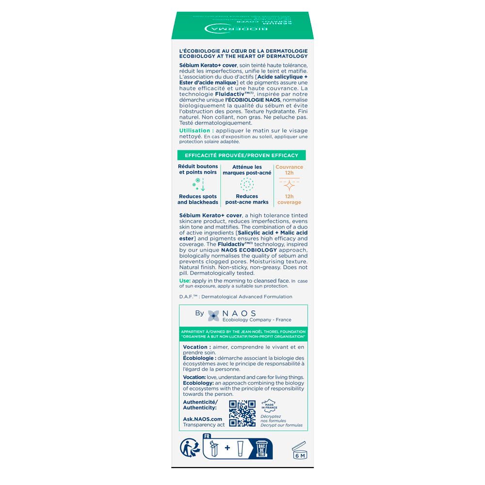 Smalle productverpakking. Opschrift: Bioderma, Sébium Kerato+ Cover, Medium. 30 ml.