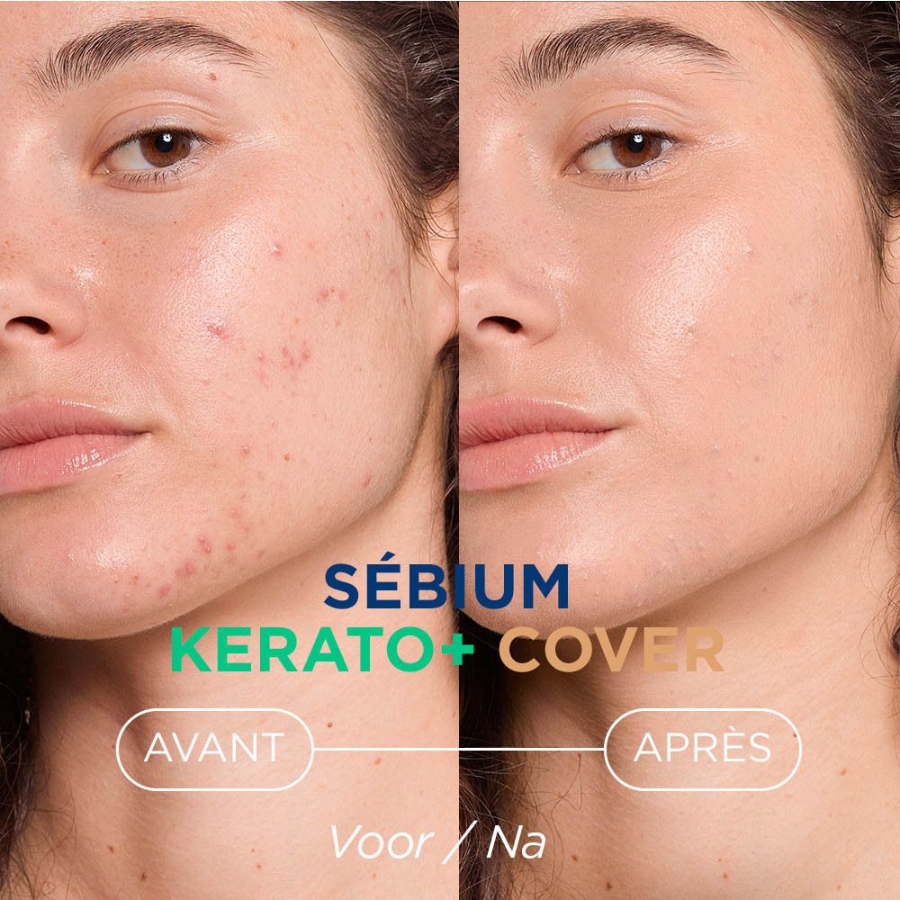 Côté de l'emballage Bioderma Sébium Kerato+ Cover. Texte et logos.