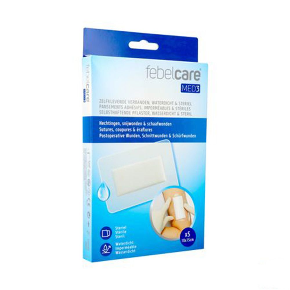Verpakking van Febelcare MED3 pleisters. Toont een pleister op een been. Tekst: Zelfklevende pleisters, steriel, waterdicht.