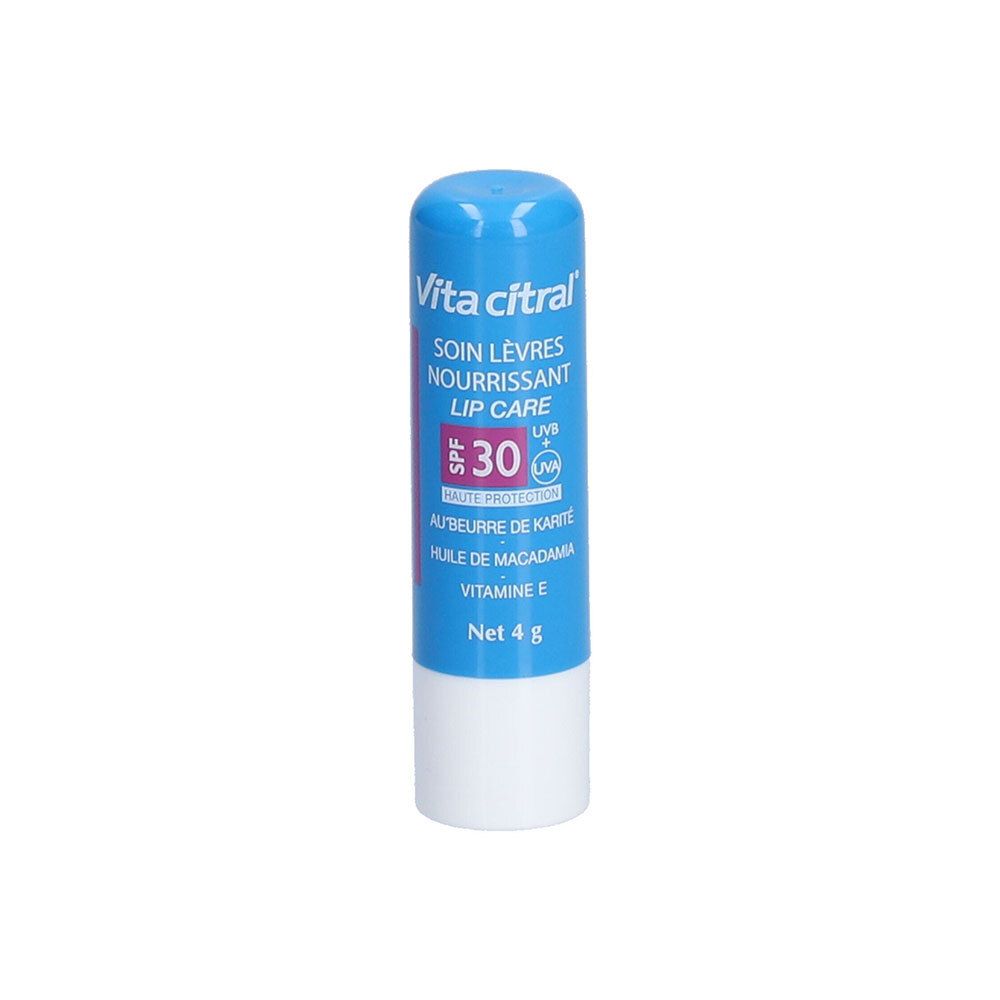 Blauwe lippenbalsem met witte basis. Tekst: Vita citral, SPF 30, Soin Lèvres Nourrissant, Net 4 g.