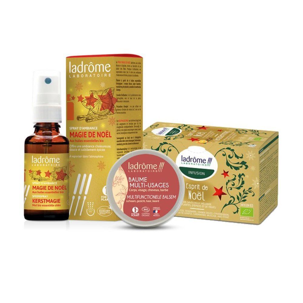 Verschillende producten: roomspray, balsem, theezakjes. Opschriften: Ladrome, Magie de Noël, Kerstmagie, Multi-usages, Esprit de Noël.