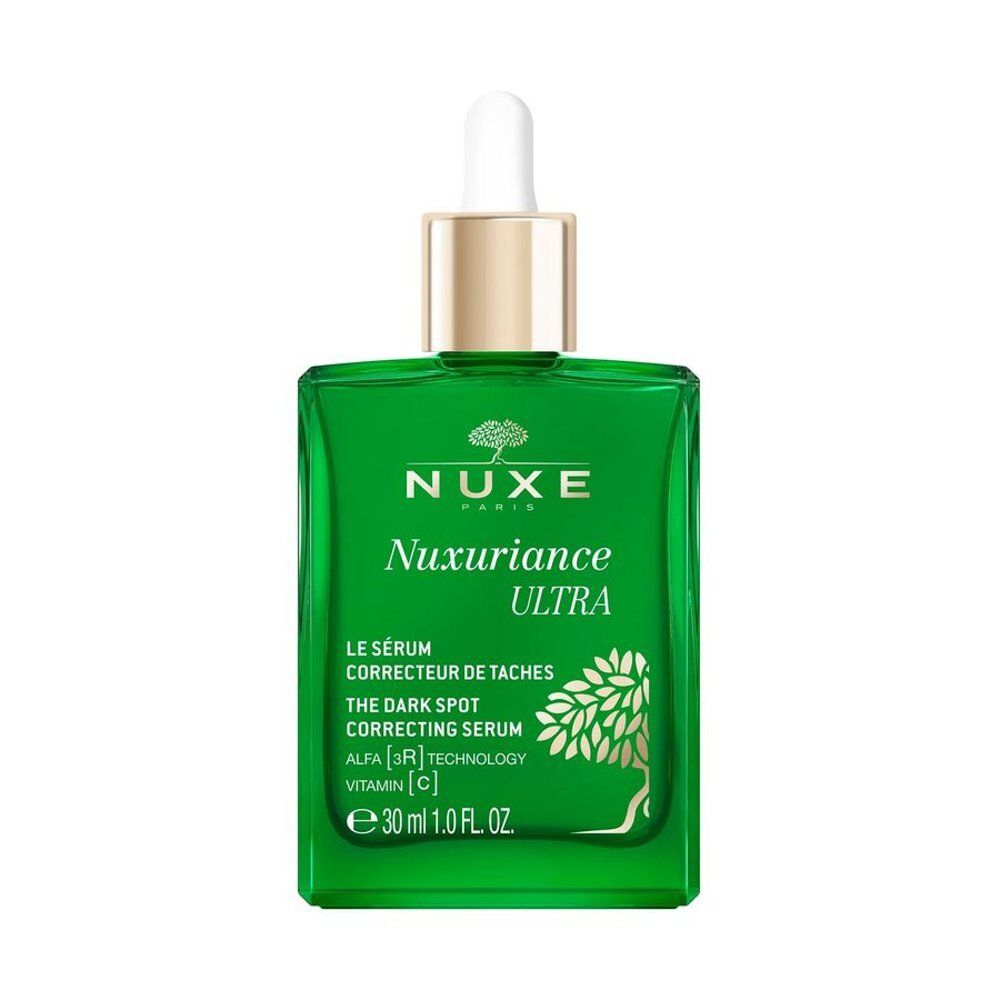 Flacon de sérum Nuxe Nuxuriance Ultra, 30ml. Flacon en verre vert avec compte-gouttes.