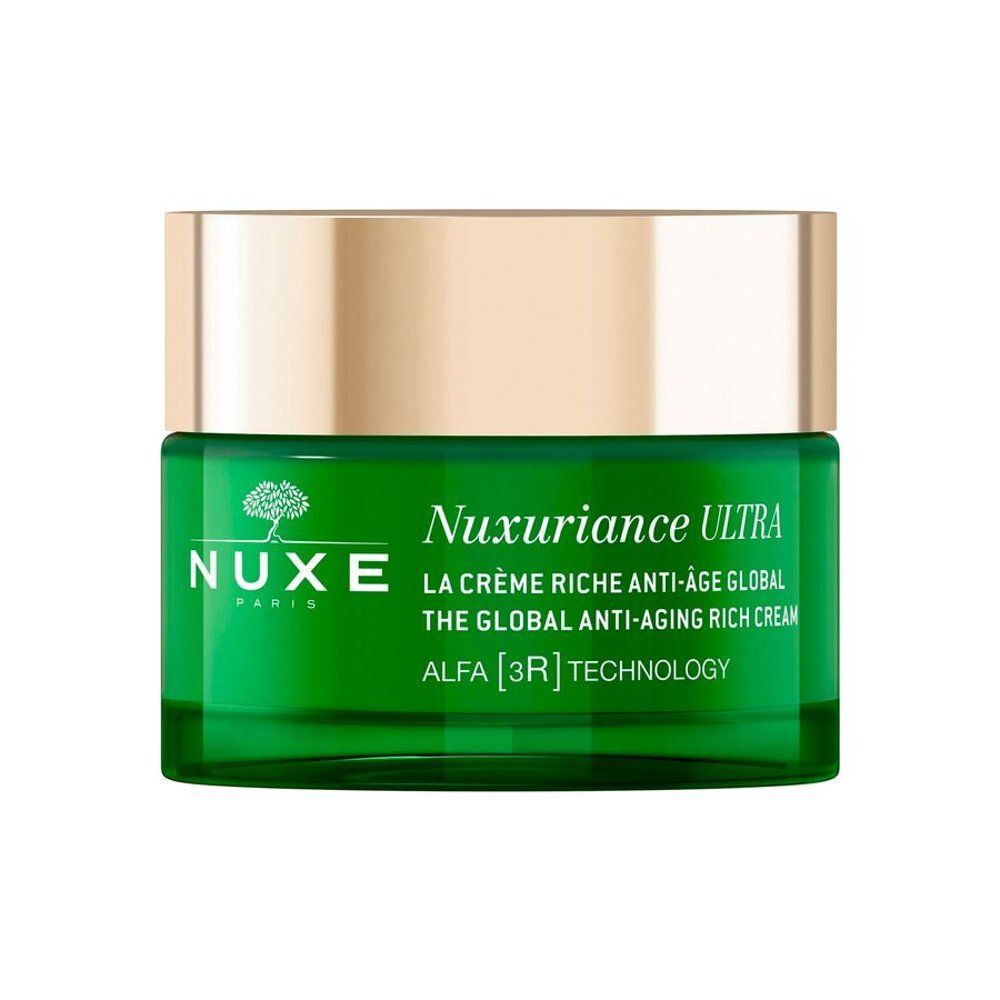 Nuxe Nuxuriance Ultra crème in een groene glazen pot met zilverkleurig deksel.