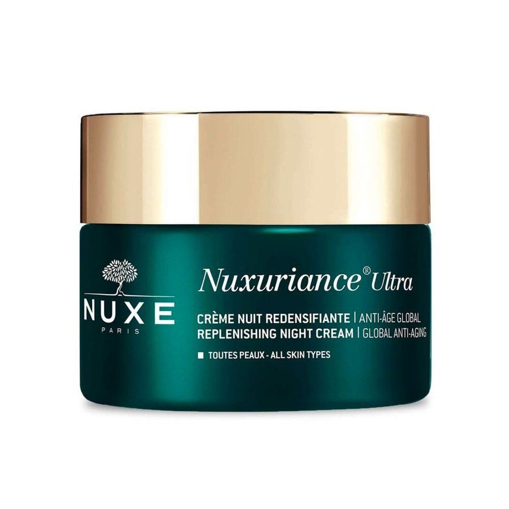 NUXE Nuxuriance Ultra nachtcrème in een groene glazen pot met zilverkleurig deksel.