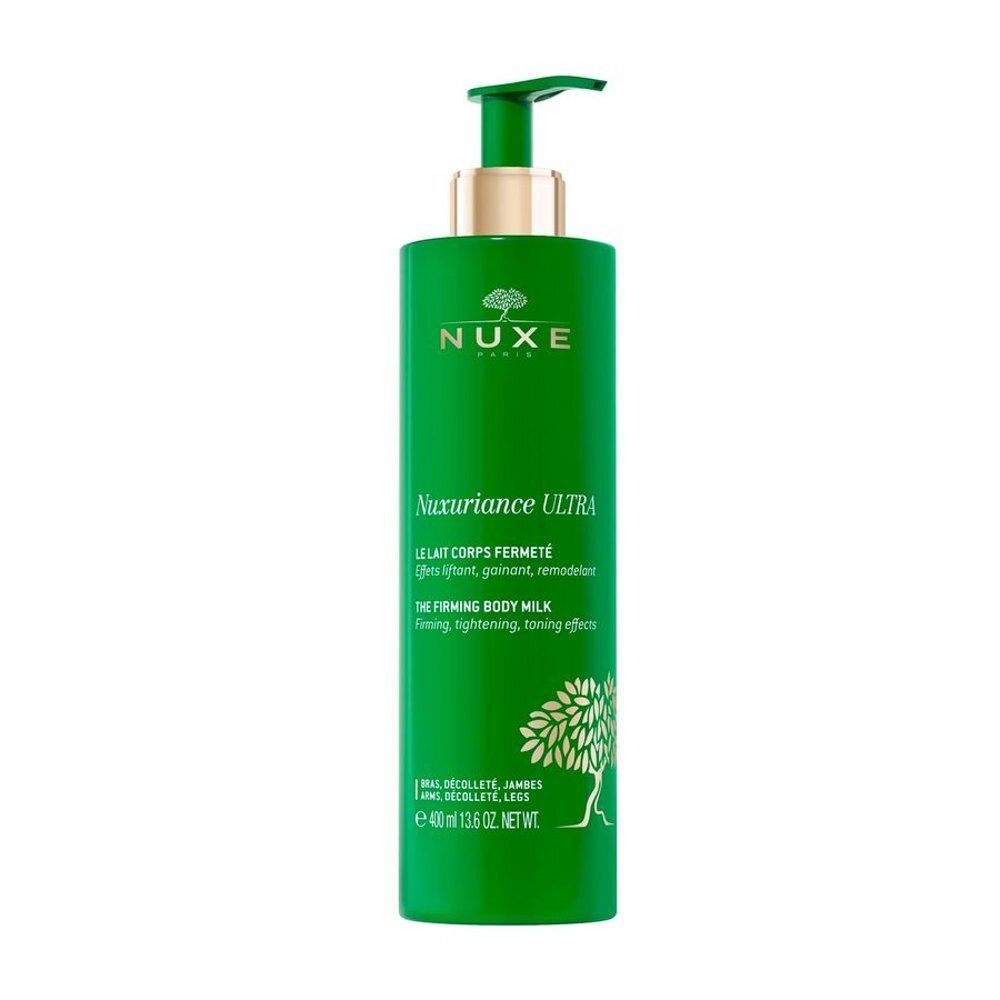 Groene fles Nuxuriance Ultra Verstevigende Bodylotion met pompdispenser. Gouden ring op de pomp.