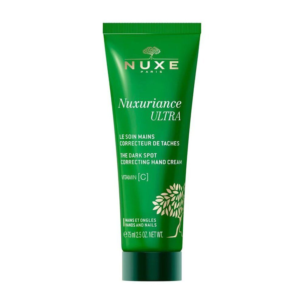 Tube verte NUXE Nuxuriance Ultra Crème Mains avec illustration d'arbre doré et texte.