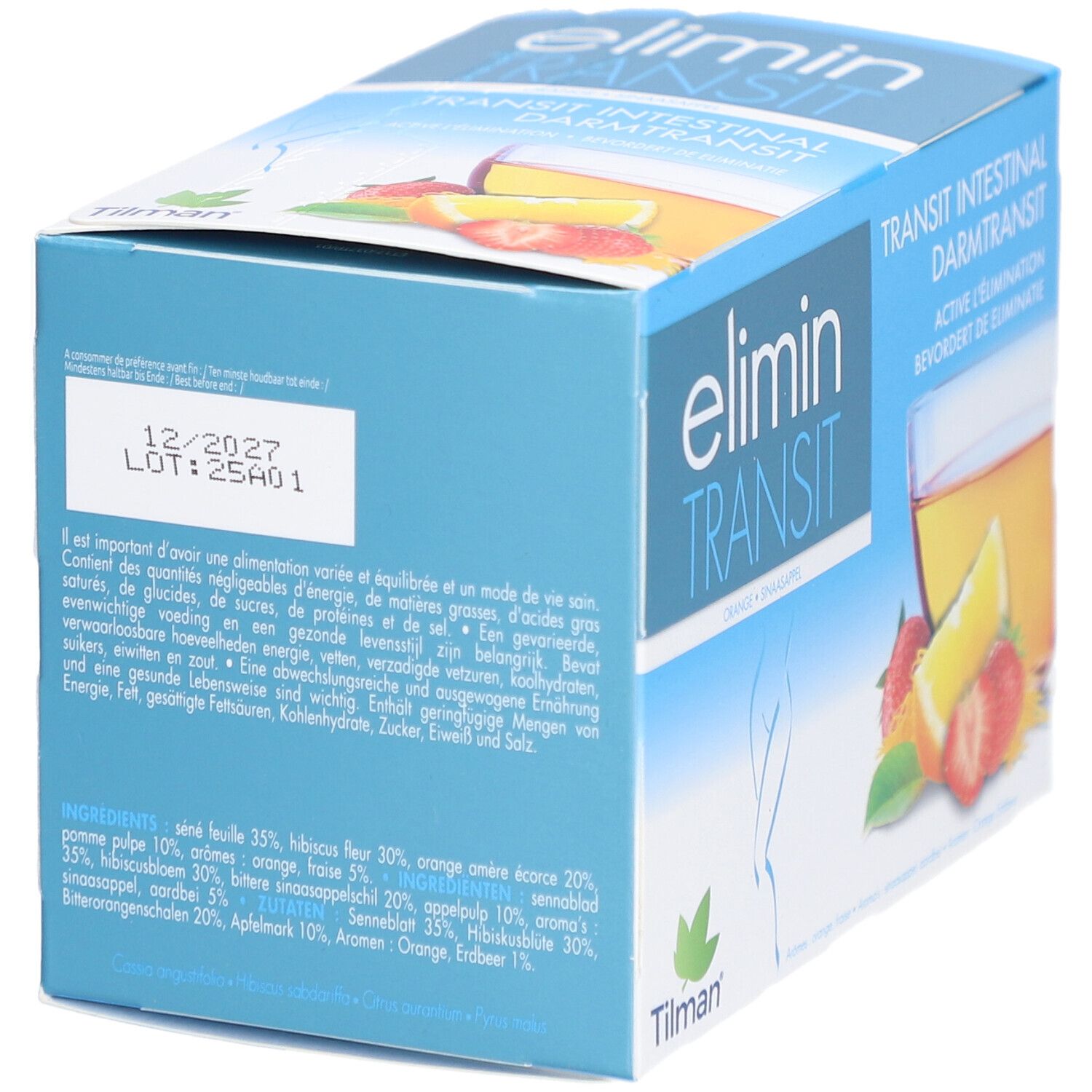 Verpakking elimin® Transit. Opschrift: elimin® Transit, Transit Intestinal, ingrediëntenlijst, houdbaarheidsdatum, Tilman-logo.