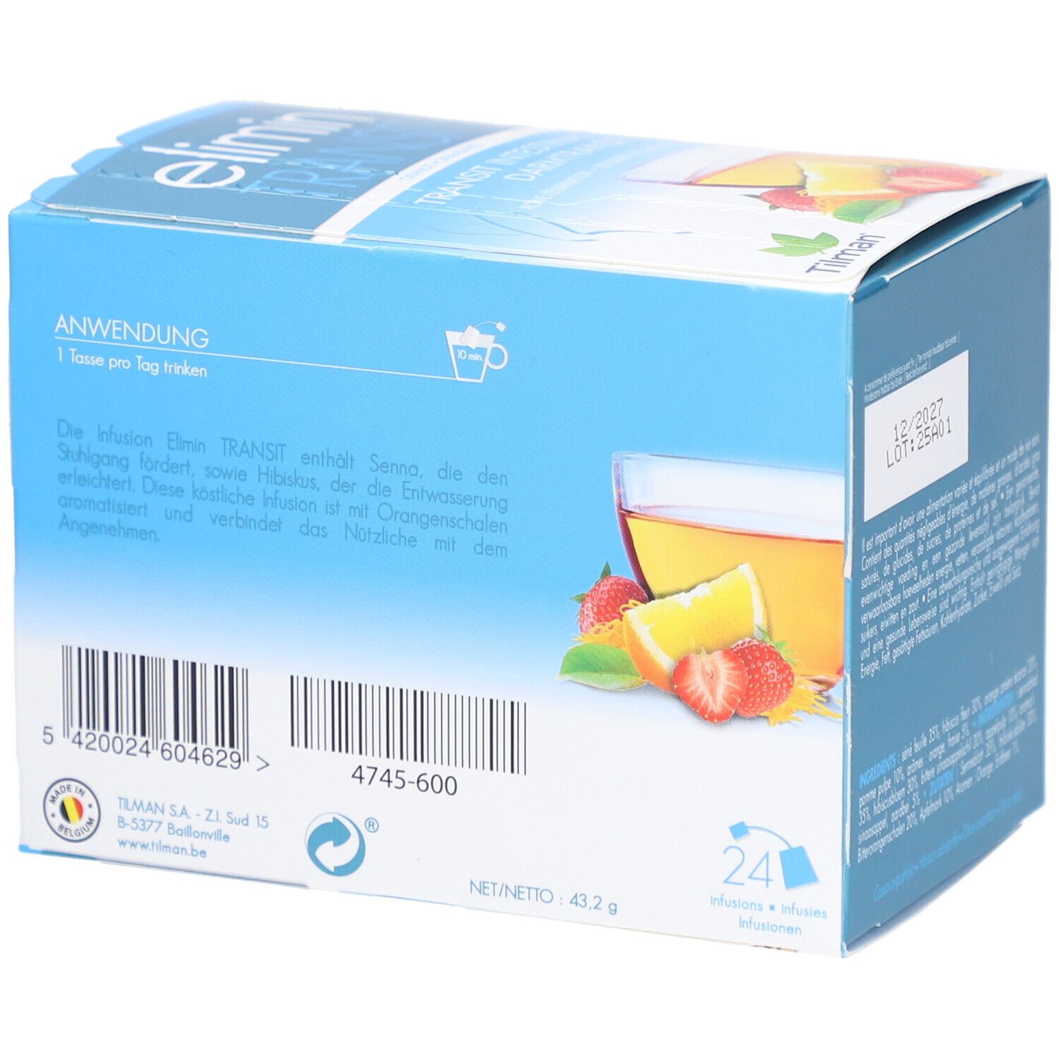 Achterkant van de elimin® Transit verpakking. Opschrift: Gebruik, 24 theezakjes, barcode, nettogewicht, Tilman-logo.