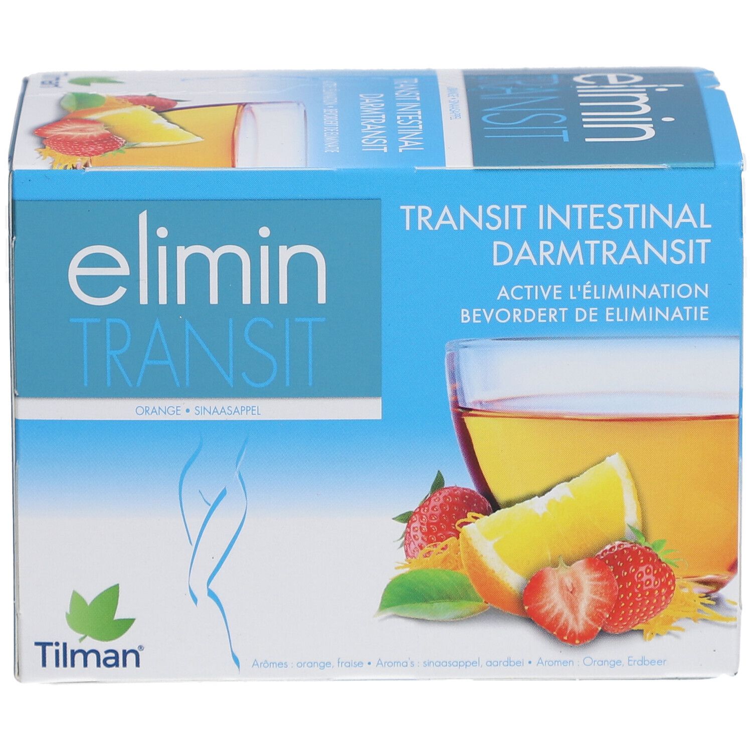Blauw-witte kartonnen verpakking van elimin® Transit. Opschrift: elimin® Transit, Transit Intestinal, Sinaasappel, Aardbei, Tilman-logo.