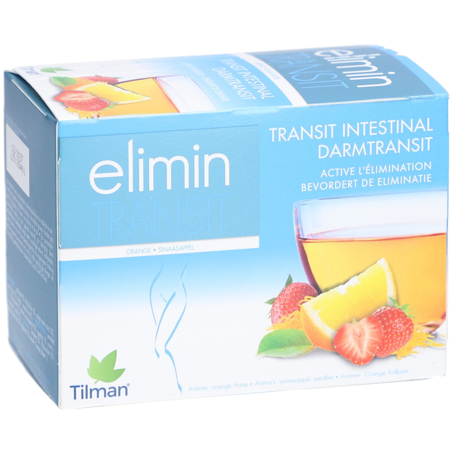 Blauw-witte kartonnen verpakking van elimin® Transit. Opschrift: elimin® Transit, Transit Intestinal, Sinaasappel, Aardbei, Tilman-logo.