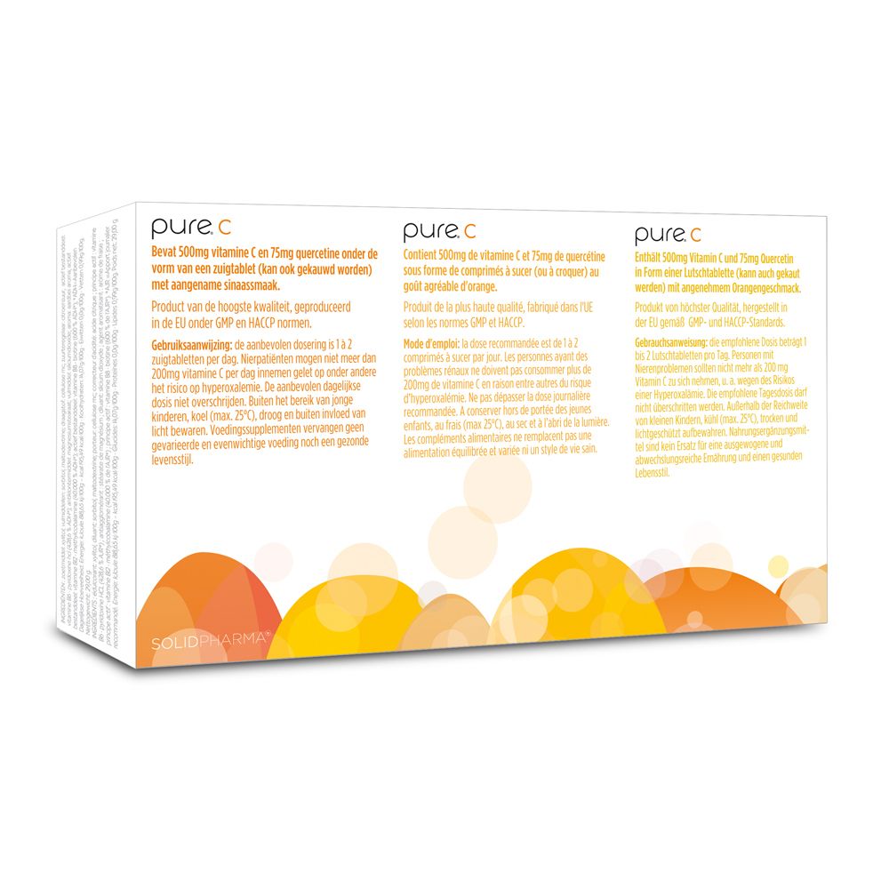 Achterkant van de pure. C doos. Tekst in Nederlands, Frans en Duits. 36 zuigtabletten.
