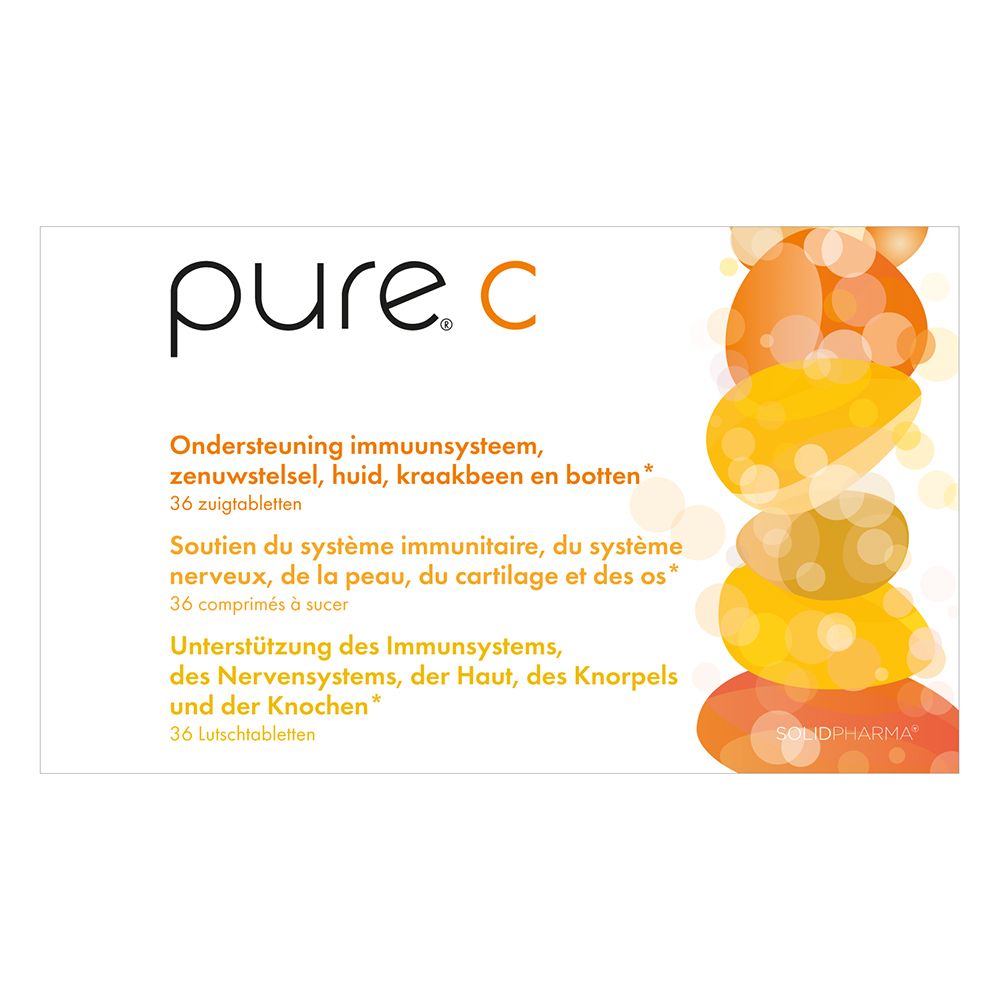 Achterkant van de pure. C doos. Tekst in Nederlands, Frans en Duits. 36 zuigtabletten.
