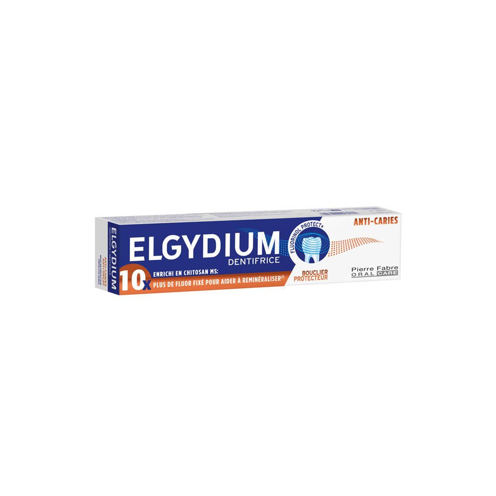 ELGYDIUM tandpasta tube. Wit, blauw en oranje. Productnaam en info.