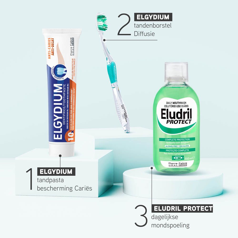 Tandpasta tube naast tanden. Tekst: 10x meer fluoride. Vrouw lacht.