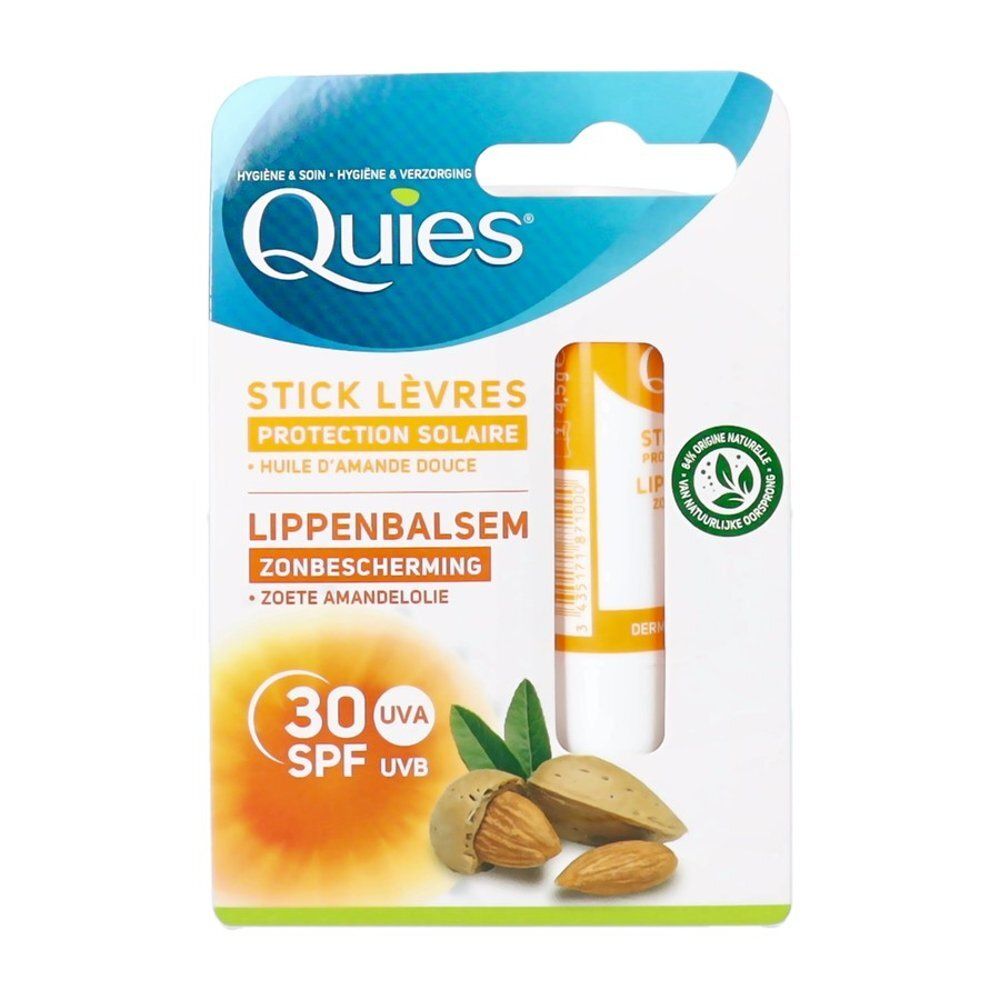 Lipverzorgingsstick in verpakking. Productnaam en SPF30 zichtbaar. Afbeelding van amandelen.