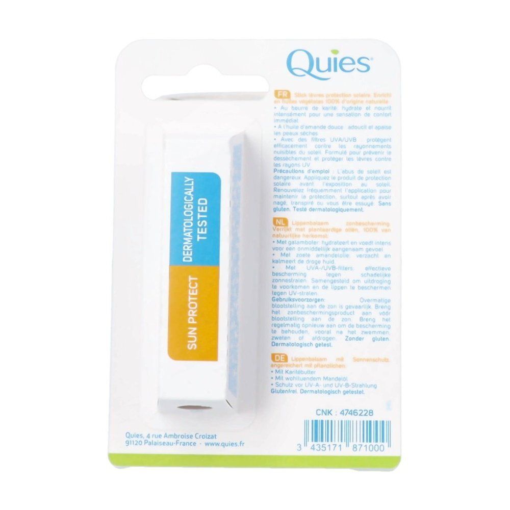 Dos de l'emballage. Texte: Testé dermatologiquement, Sun Protect. Code-barres et informations.