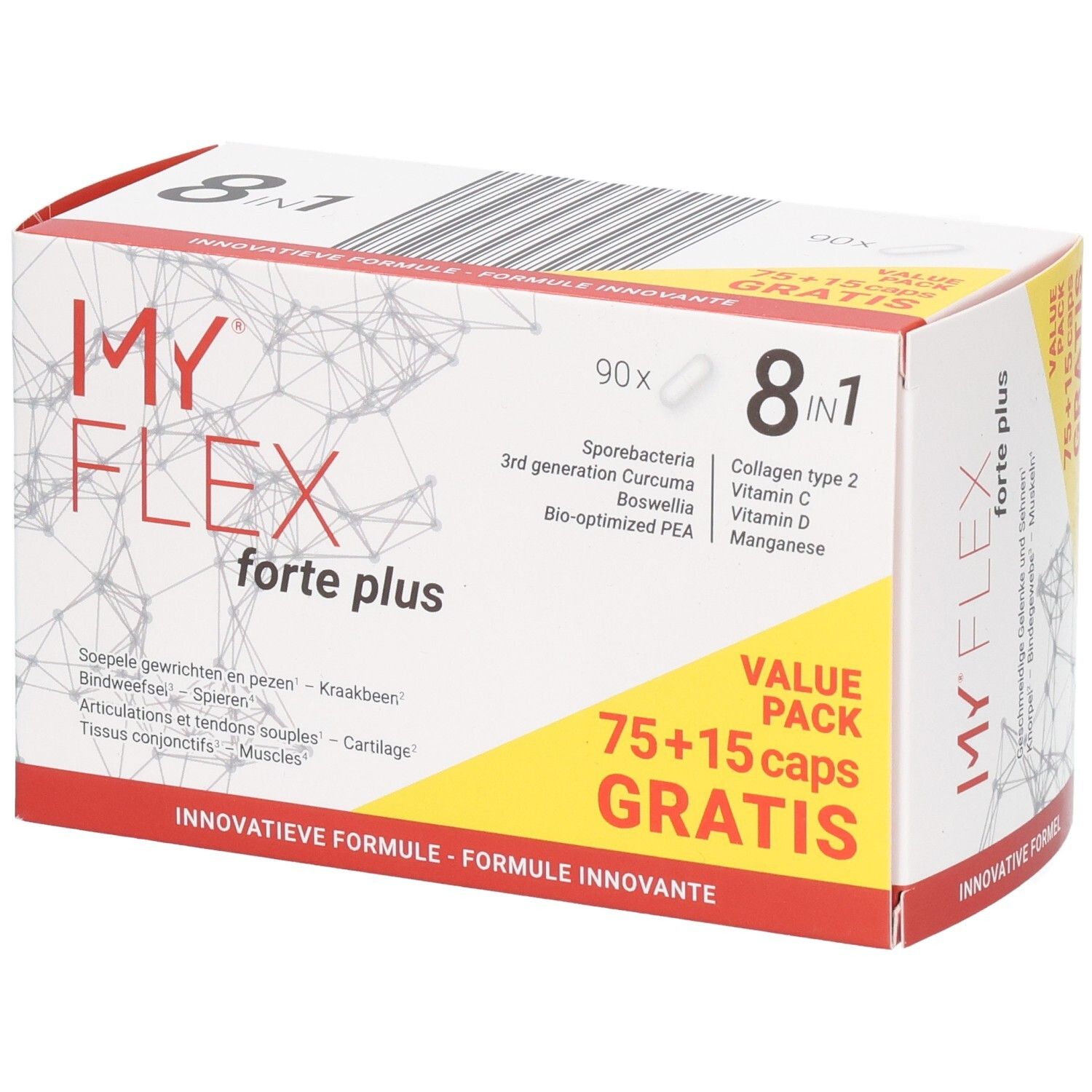 My Flex Forte Plus voordeelverpakking: 75+15 capsules gratis. 8in1 formule met curcuma, boswellia, collageen.