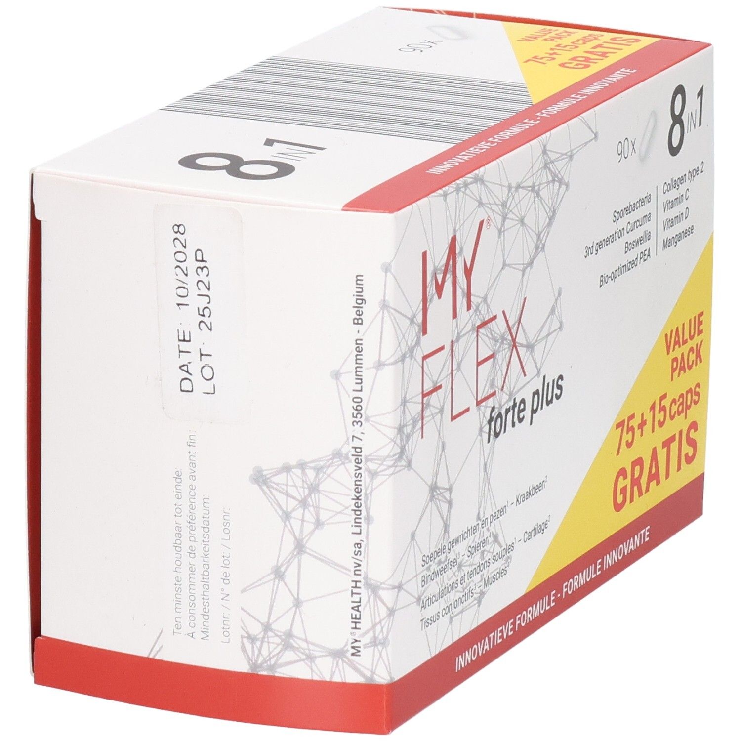 Achterkant van de My Flex Forte Plus verpakking met lotnummer en vervaldatum.