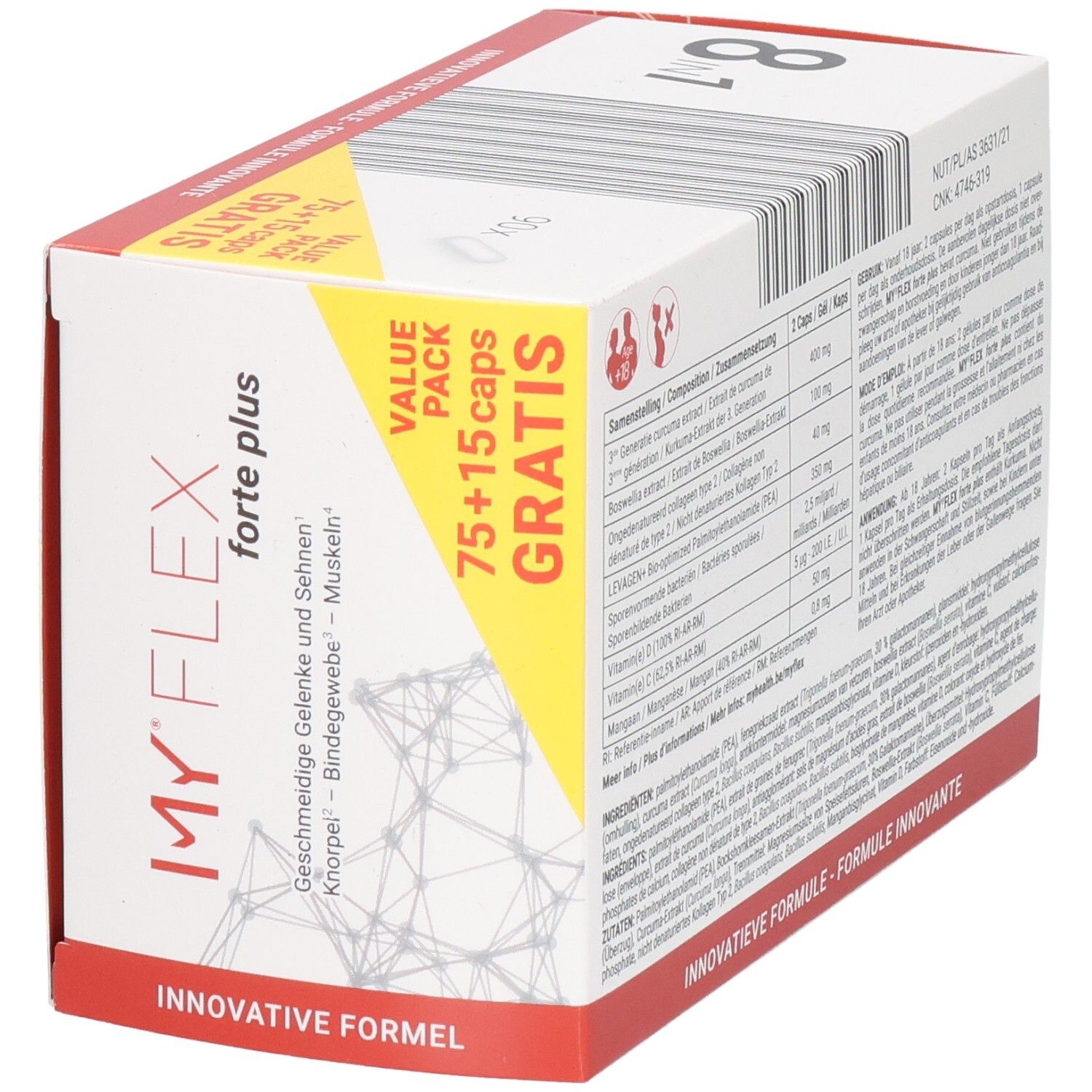 My Flex Forte Plus verpakking met ingrediënten zoals curcuma, boswellia, vitamine C, D, mangaan.