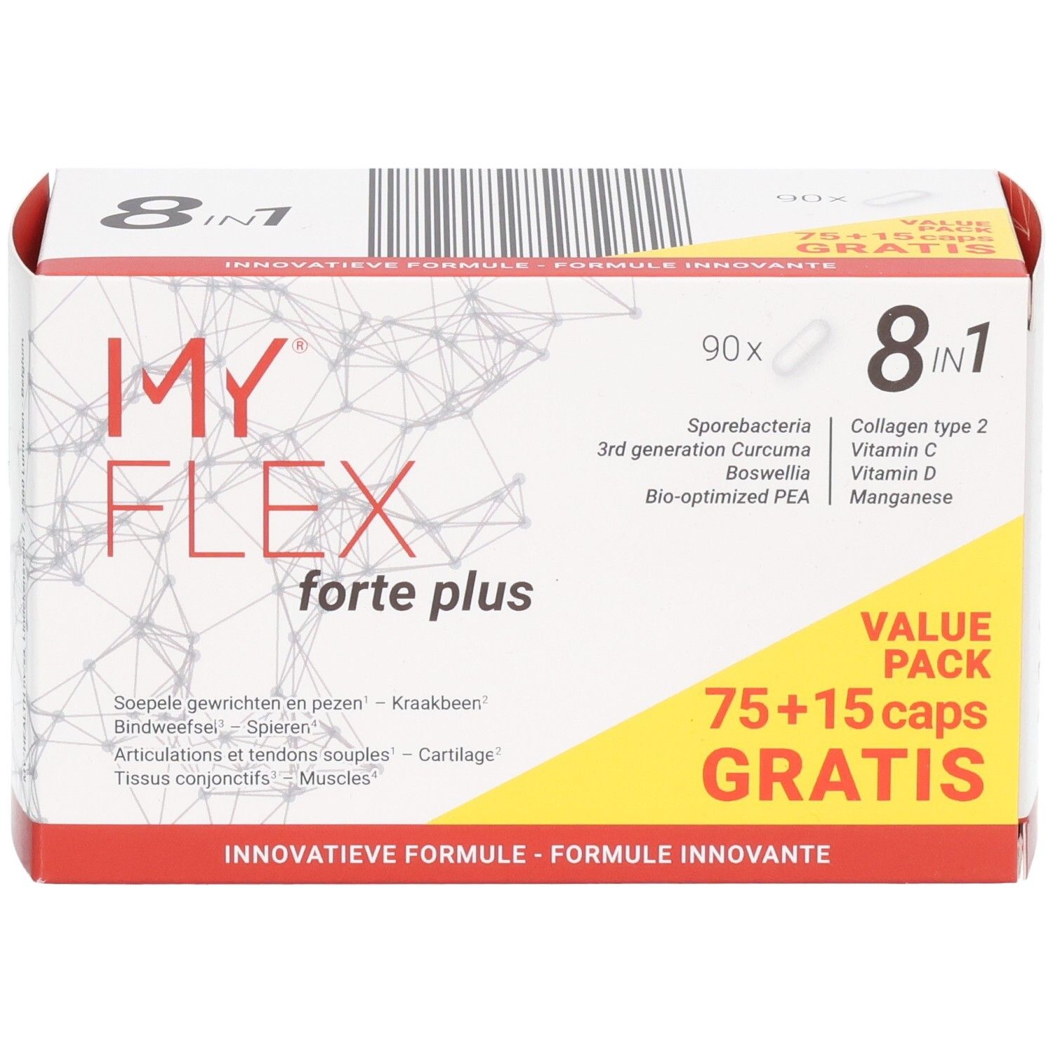 My Flex Forte Plus voordeelverpakking: 75+15 capsules gratis. Bevat curcuma, boswellia, collageen.