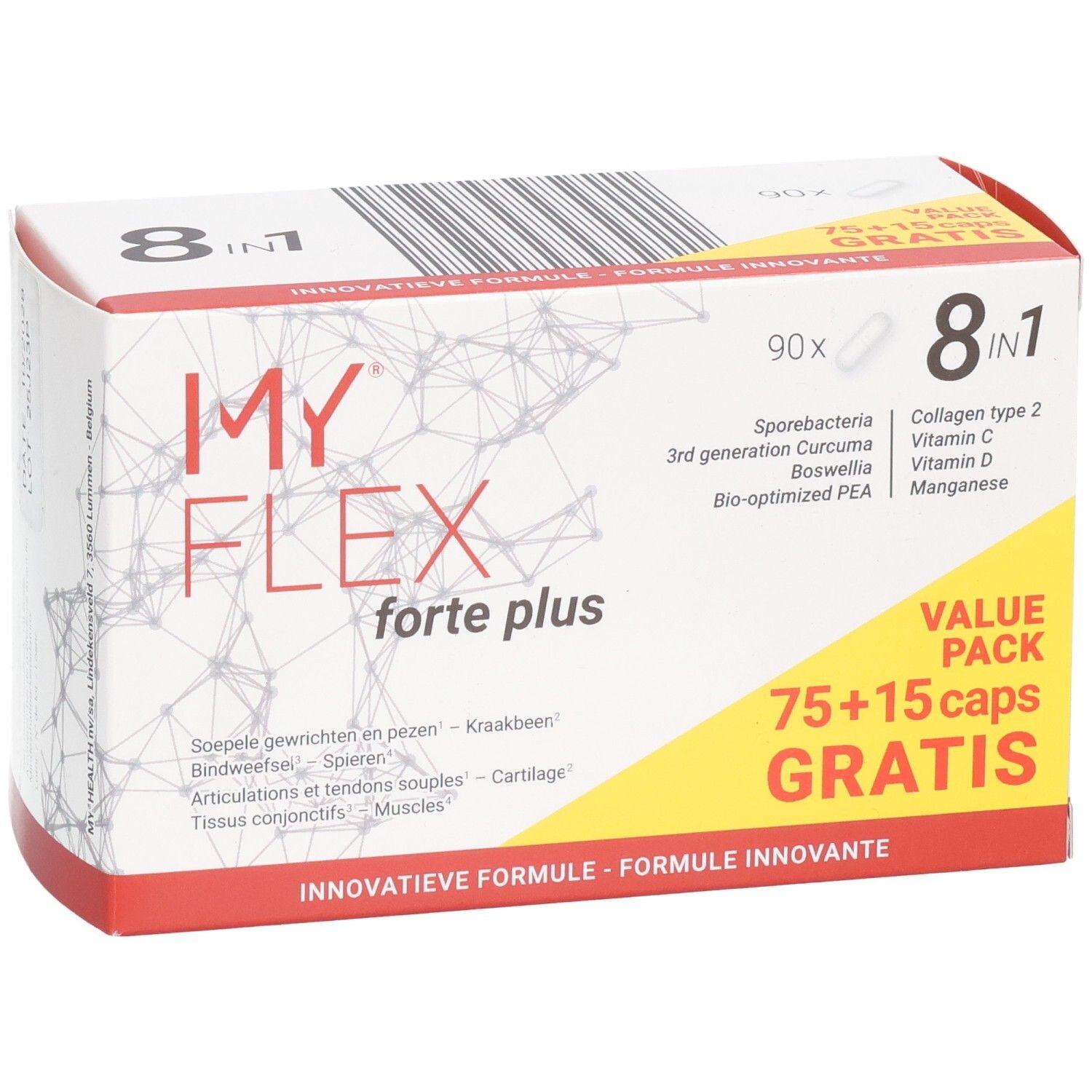 My Flex Forte Plus voordeelverpakking: 75+15 capsules gratis. 8in1 formule met curcuma, boswellia, collageen.
