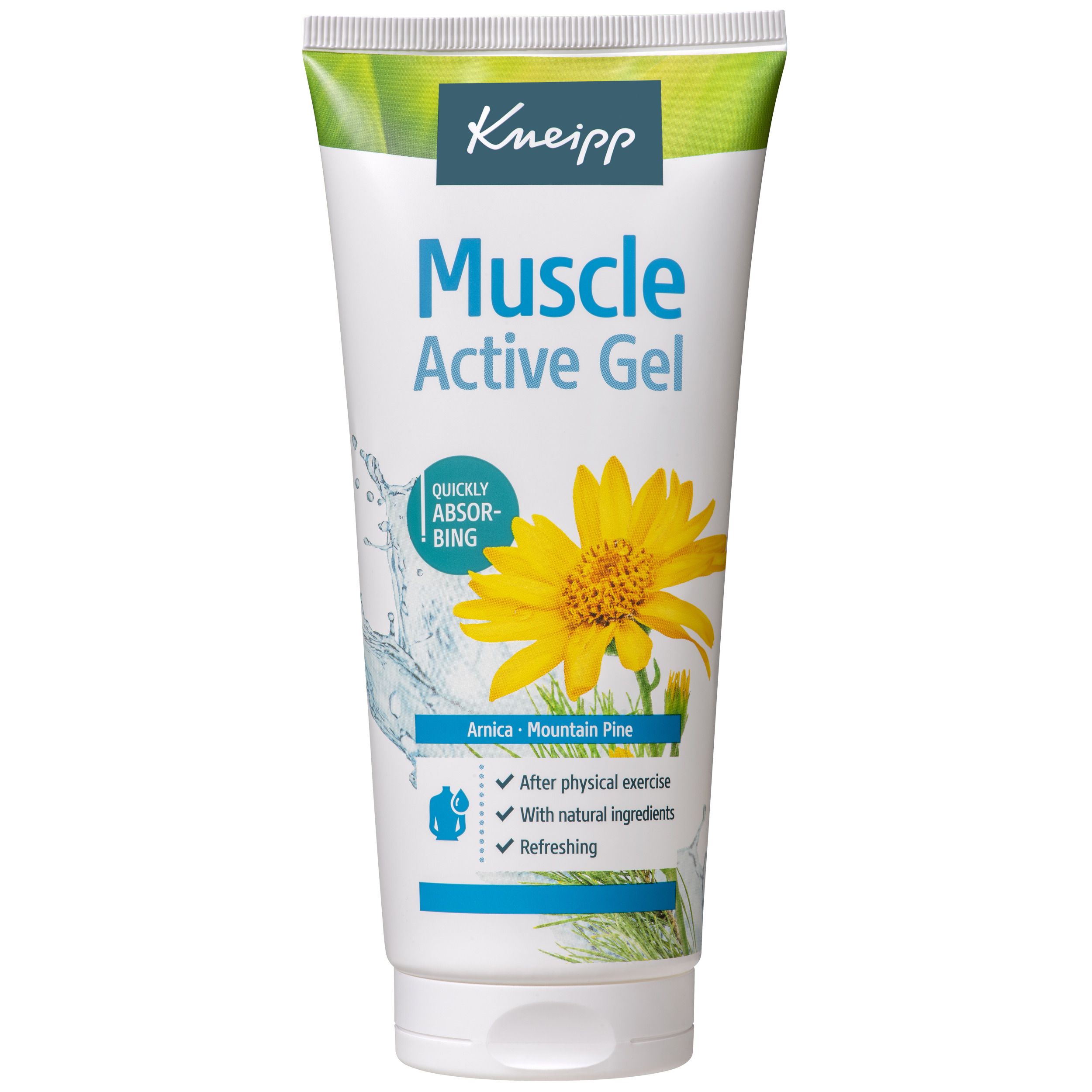 Tube blanc et bleu avec logo Kneipp et 'Muscle Active Gel'. Fleur jaune et illustration d'eau. Contient arnica et pin.