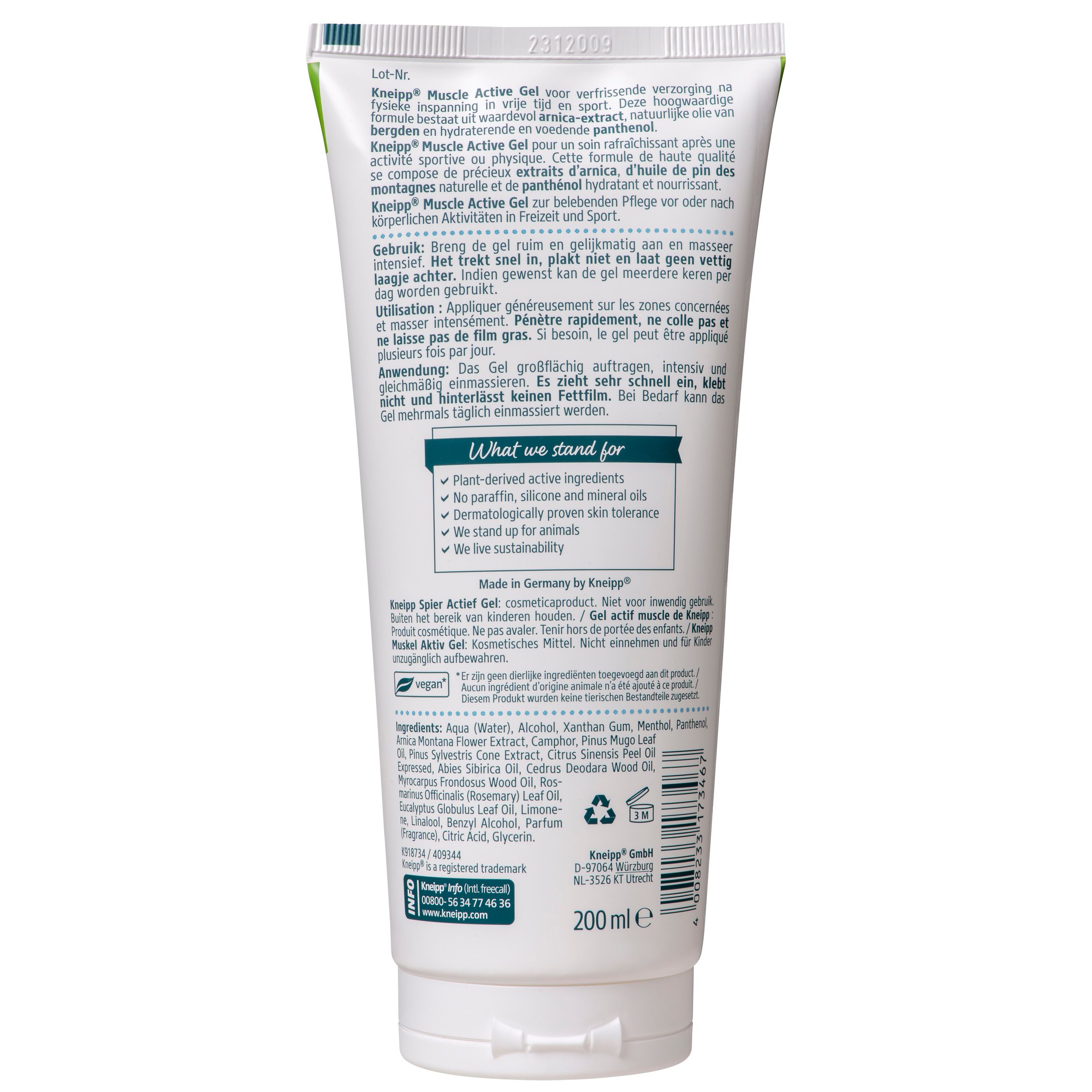 Dos du tube. Texte multilingue. Informations sur ingrédients, utilisation et fabricant. 200 ml.