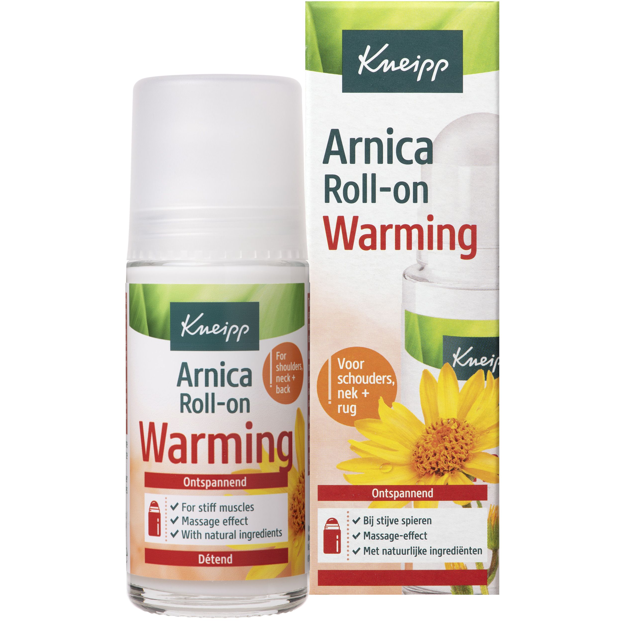 Roll-on Kneipp Arnica et emballage. Flacon roll-on et boîte avec nom du produit et accents verts.