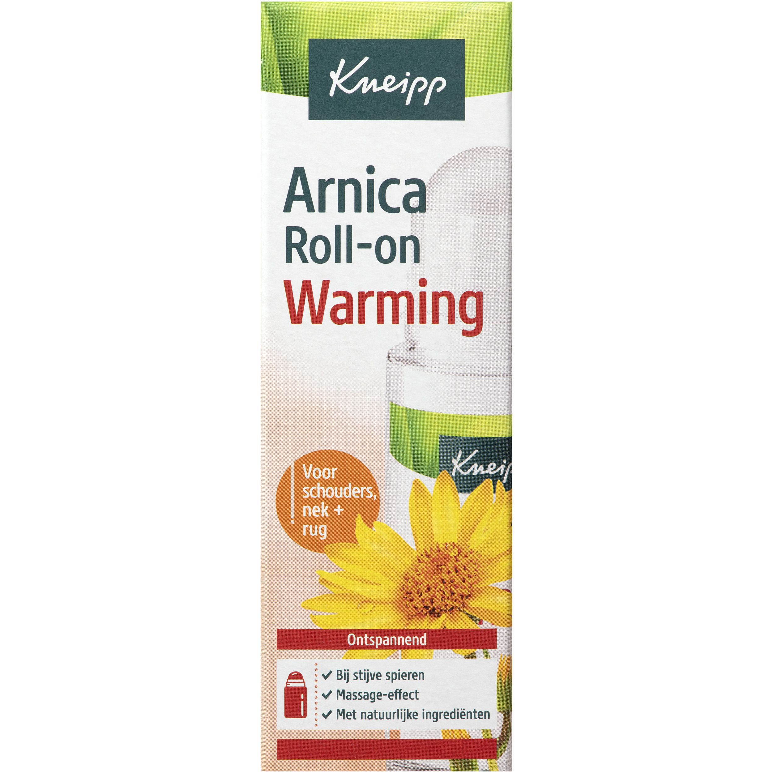 Roll-on Kneipp Arnica et emballage. Flacon roll-on et boîte avec nom du produit et accents verts.