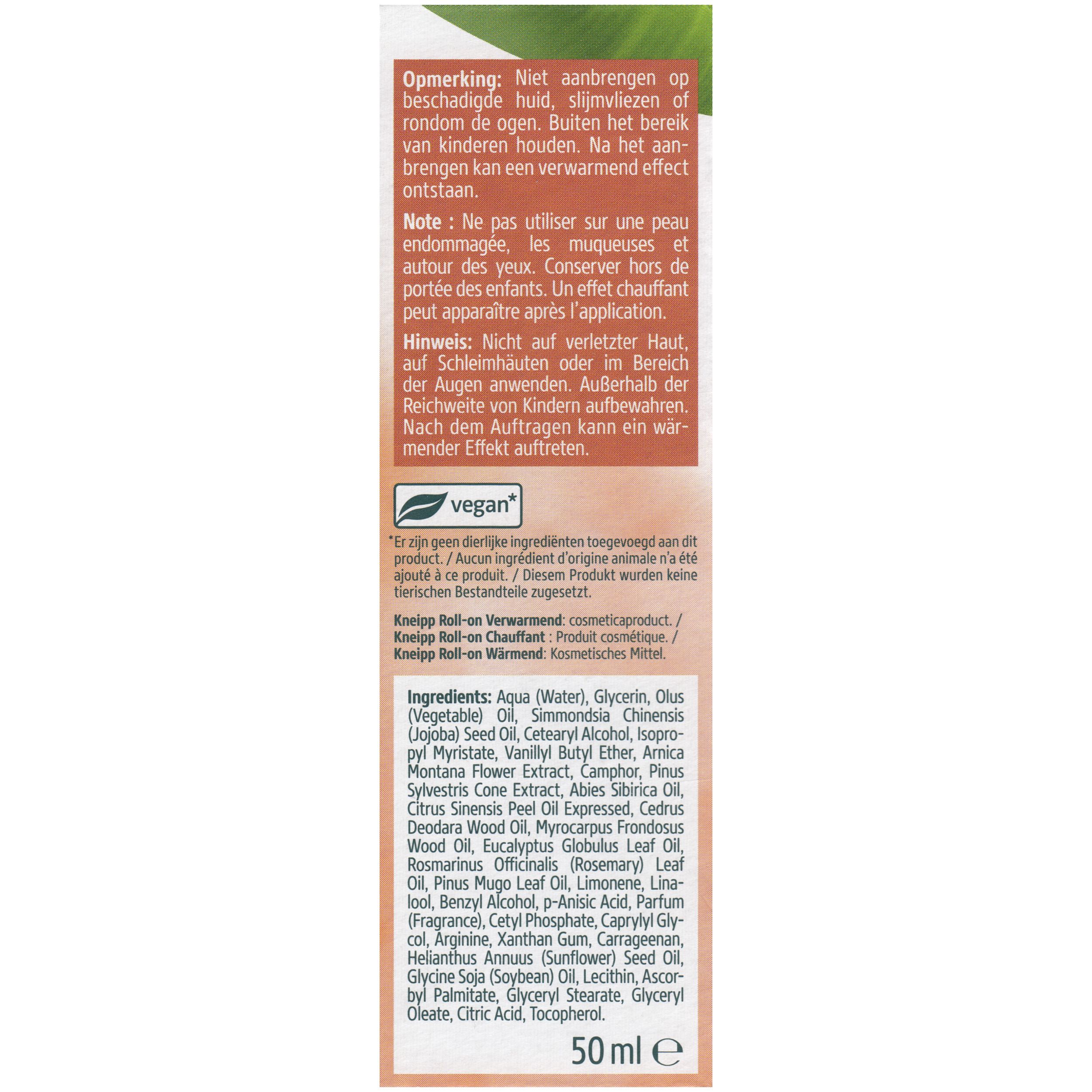 Achterkant van de roll-on fles. Tekst in meerdere talen. Bevat informatie over gebruik en ingrediënten.