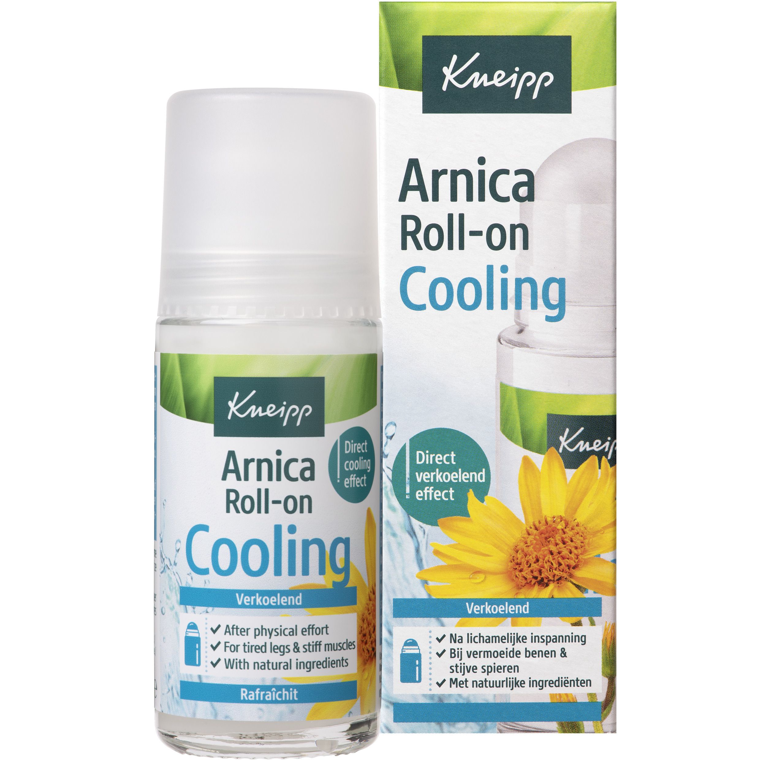 Kneipp Arnica Roll-on en verpakking. Product in een doos met opschrift: Cooling. Gele bloem.