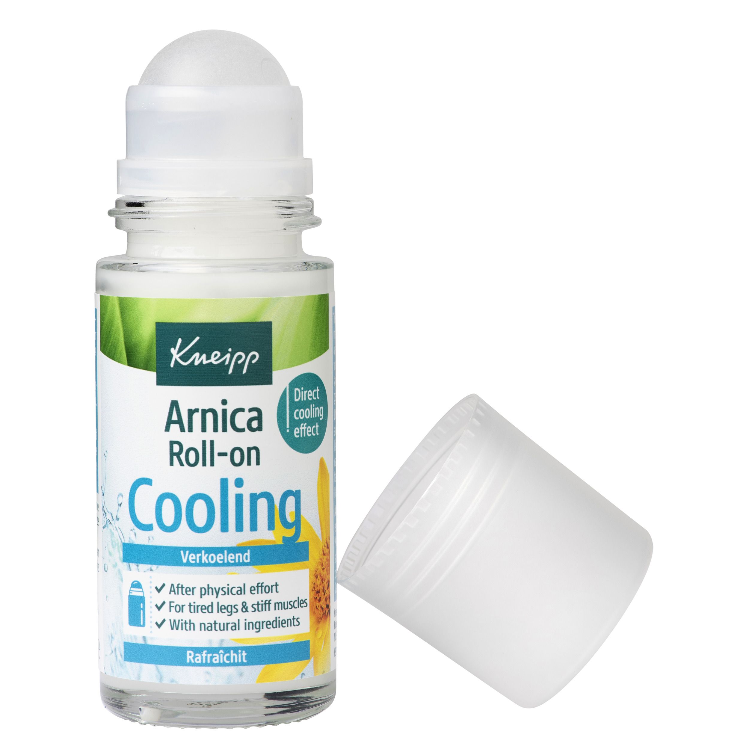 Kneipp Arnica Roll-on. Product met open dop. Transparante fles met witte dop.