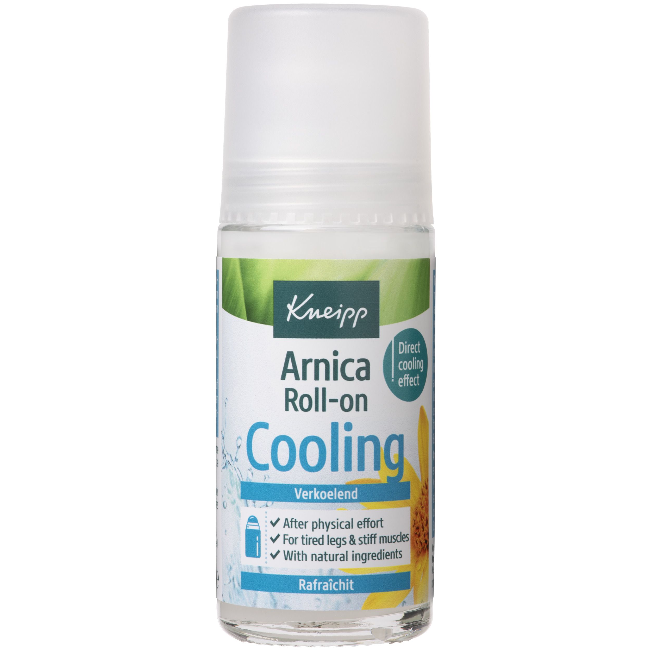 Kneipp Arnica Roll-on. Transparante fles met witte dop. Opschrift: Cooling.
