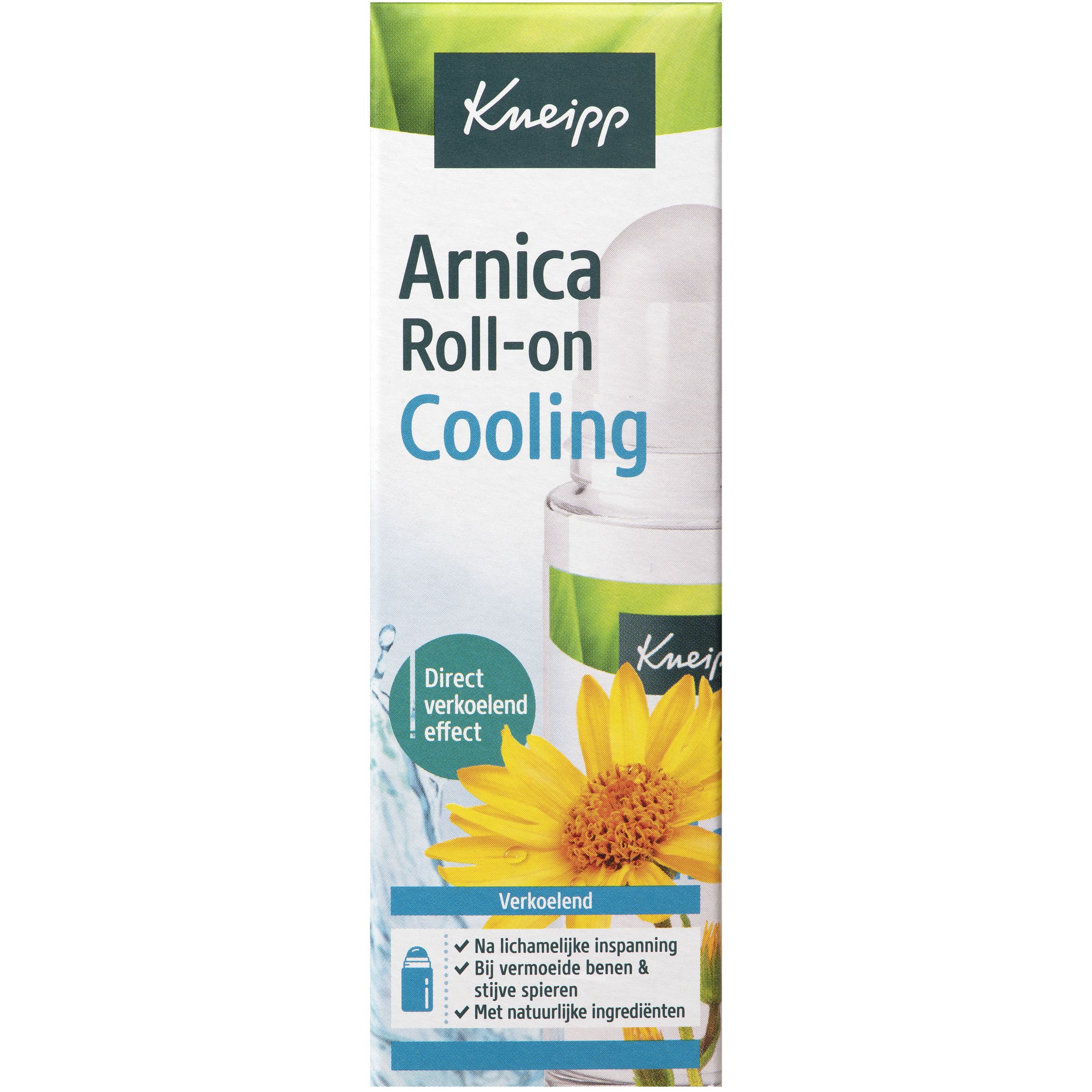 Kneipp Arnica Roll-on en verpakking. Product in een doos met opschrift: Cooling. Gele bloem.