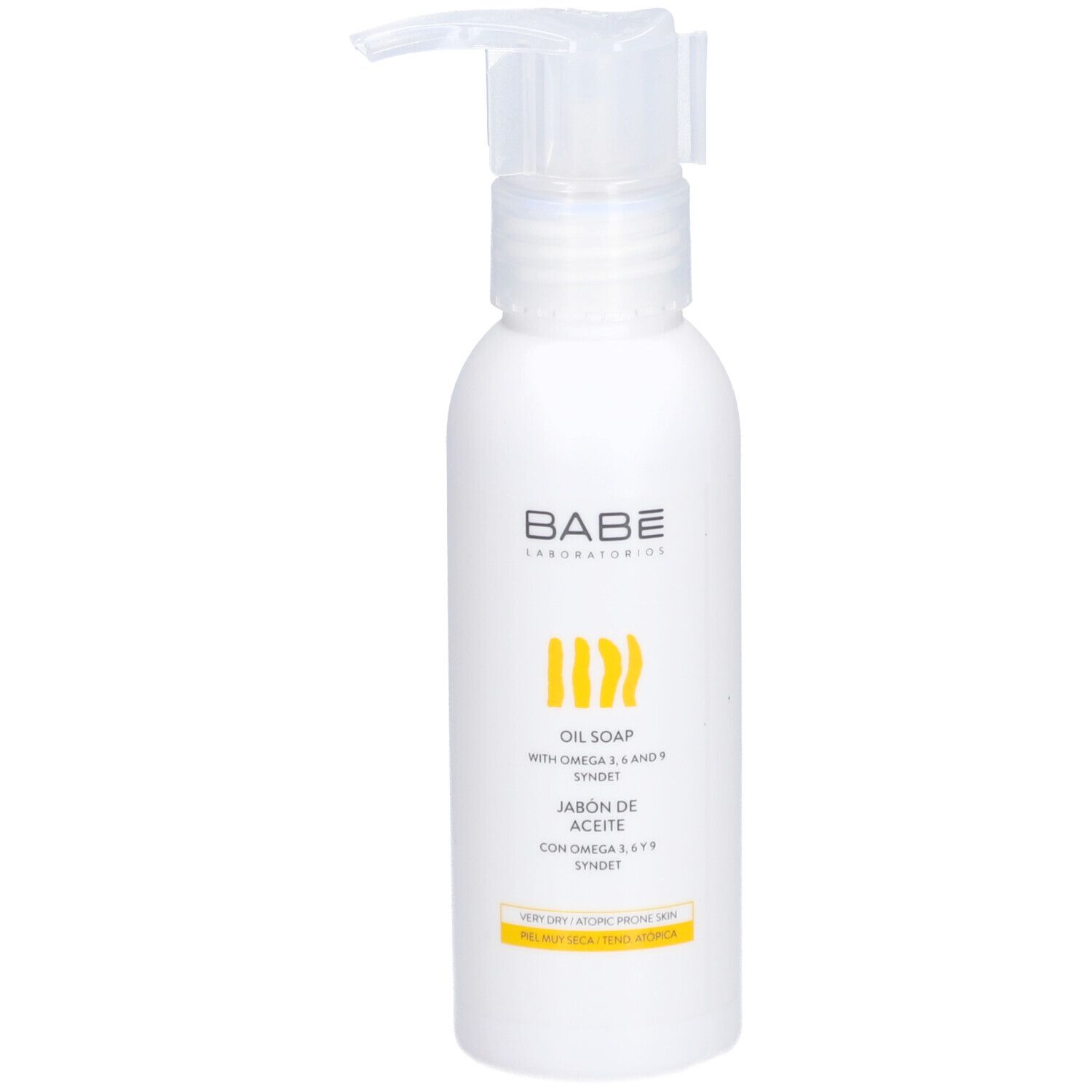 Witte fles met pomp. Opschrift BABE, geel design en tekst: OIL SOAP.