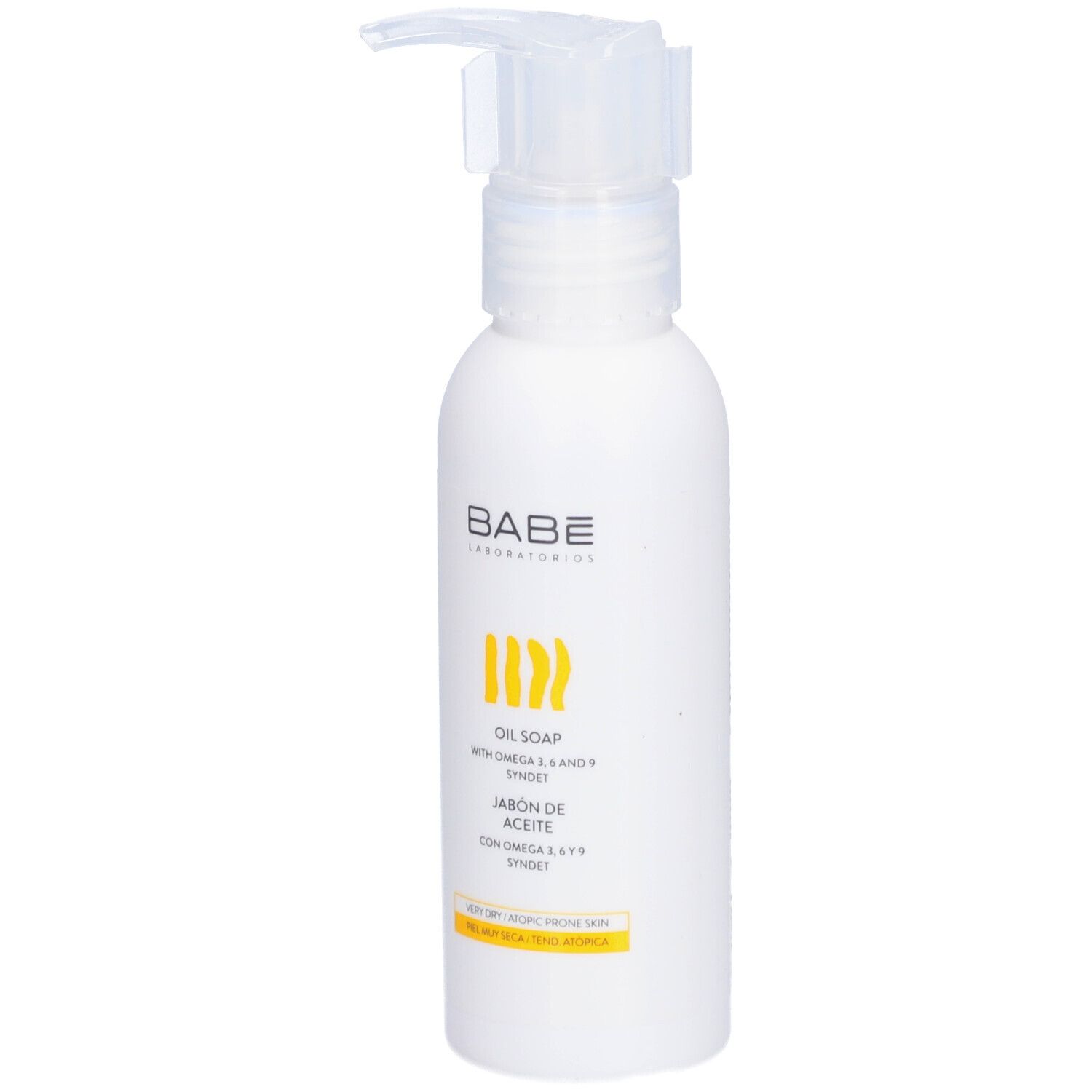 Witte fles met pomp. Opschrift BABE, geel design en tekst: OIL SOAP.
