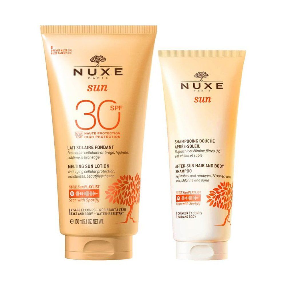 Nuxe Sun Lait solaire SPF30 et Shampooing après-soleil. Lait 150ml, Shampooing 100ml.